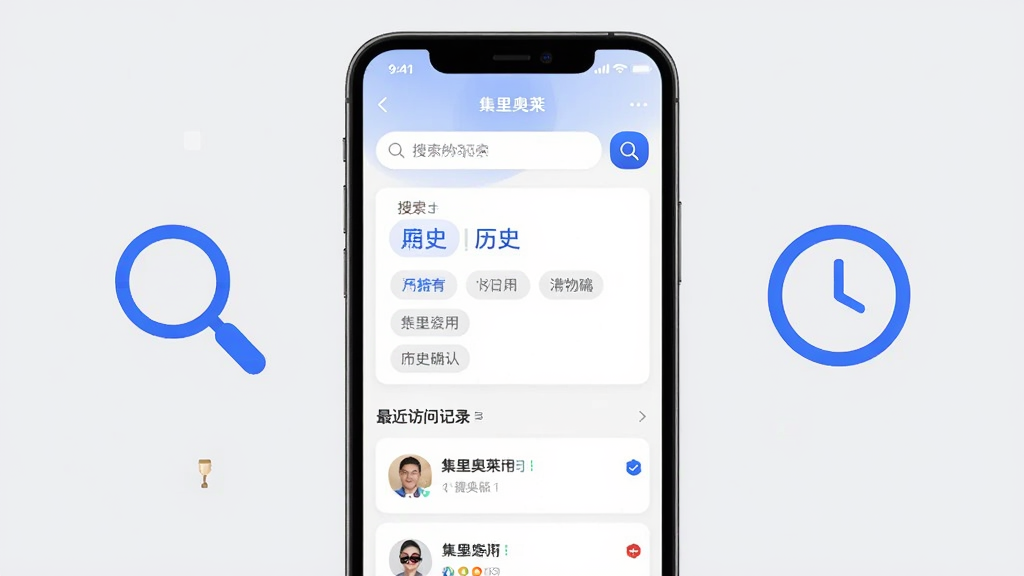 画面主体是集里奥莱应用的搜索与历史记录界面,手机屏幕中展示搜索框、联想词列表和最近访问记录,旁边配有放大镜与时钟图标作为装饰,布局为手机居中展示,风格为简洁明快的移动端UI风格,细节包括浅灰背景、白色卡片和蓝色强调色,画质清晰干净无多余元素