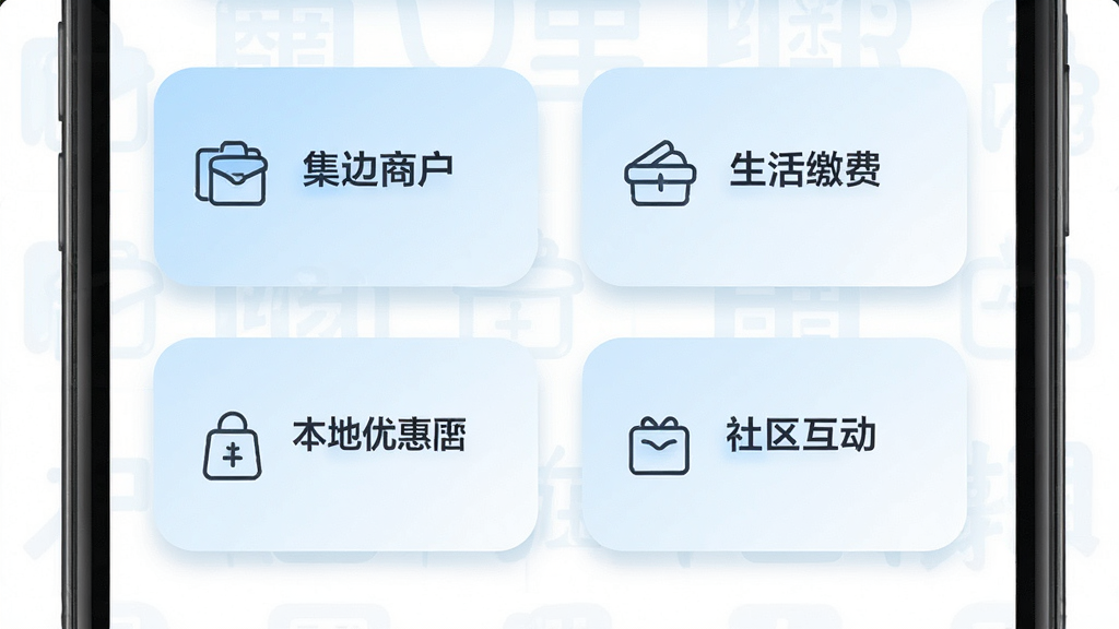 画面主体是集里奥莱应用的功能聚合界面,屏幕中显示多个圆角矩形功能卡片,分别标注周边商户、生活缴费、本地优惠、社区互动等模块,卡片以网格状排列,布局为手机屏幕居中展示,风格为清爽扁平化设计,细节包括浅蓝与白色渐变底色、简洁线性图标和细腻阴影,画质高清干净无多余元素