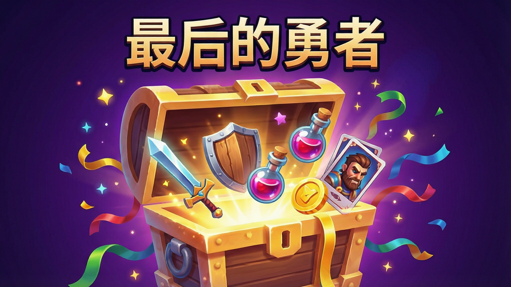 一幅游戏更新公告风格插画,画面中央是一个巨大的发光宝箱打开状态,里面飞出各种游戏道具图标包括剑、盾牌、药水、金币和角色卡片,宝箱周围有彩带和星光特效,背景为深紫色渐变,画面上方有游戏标题文字