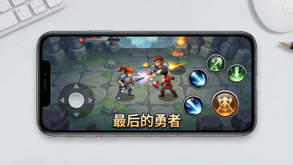 一幅手机游戏操作界面示意图,画面展示一部智能手机横屏放置,屏幕中显示游戏战斗场景,左侧有虚拟摇杆,右侧有四个技能按钮和一个终极技按钮,画面下方有游戏标题文字