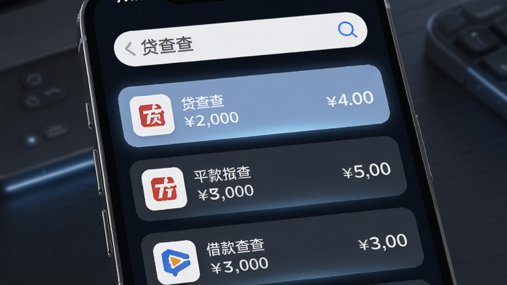 贷查查应用界面展示网贷记录查询功能,手机屏幕中呈现列表形式的借款记录,每条记录带有平台图标和金额信息,顶部有贷查查搜索框,画面风格为现代简约科技感,布局为上下结构,细节包括数据卡片圆角和淡蓝色高亮,画质清晰干净
