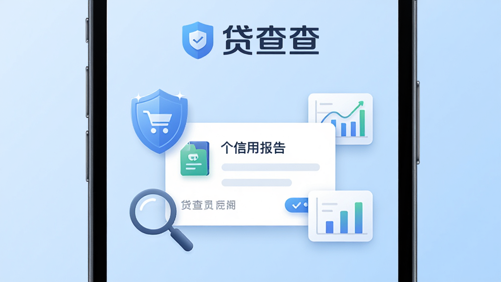 手机屏幕中央展示贷查查应用主界面,上方有贷查查文字标识,中间是个人信用报告卡片,周围环绕盾牌、放大镜、数据图表等安全查询元素,背景为浅蓝色渐变,整体布局清晰简洁,风格为扁平化科技风,细节包括卡片阴影和图标高光,画质高清干净无多余元素