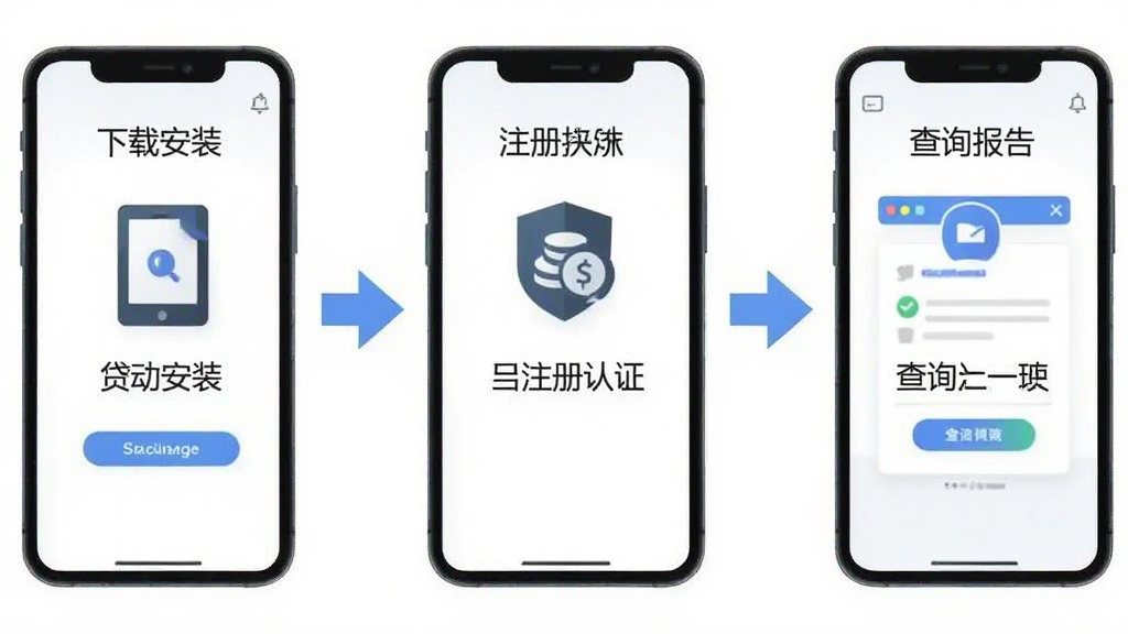 贷查查手机应用操作流程图,画面展示从下载安装到注册认证再到查询报告的完整步骤,手机屏幕依次排列,配有箭头指示,风格为扁平化信息图,布局为横向流程式,细节包括每步图标和简短文字说明,画质清晰干净无多余元素