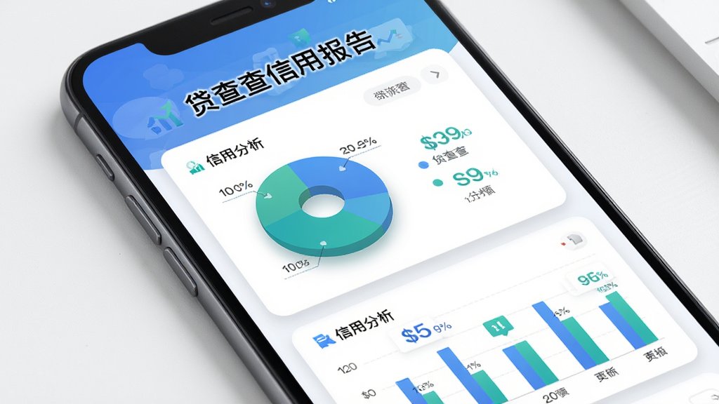 贷查查应用展示多维度信用报告页面,手机屏幕中显示饼状图和柱状图分析信用数据,图表颜色为蓝绿配色,上方有贷查查信用报告标题,布局为卡片式排列,风格为商务简洁风,细节包括数据标注和图表阴影,画质高清干净