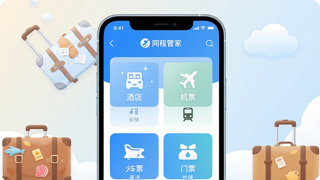 一张手机屏幕展示同程管家APP主界面的场景图,主体为居中放置的智能手机,屏幕内显示同程管家首页,包含酒店、机票、火车票、门票等图标入口,布局简洁清晰,排版为竖版构图,风格为现代科技感与清新蓝色调,细节上手机边框圆润、背景为浅色渐变并点缀旅行箱与云朵元素,画质高清,干净,无多余元素
