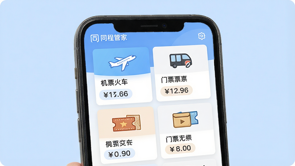 一张展示同程管家一站式预订功能的场景图,主体为手机屏幕内呈现酒店、机票、火车票、门票四个功能卡片并列排布,布局为上下结构,排版整齐,风格为扁平化设计配合柔和蓝色背景,细节上卡片带有小图标与价格标签,画质高清,干净,无多余元素