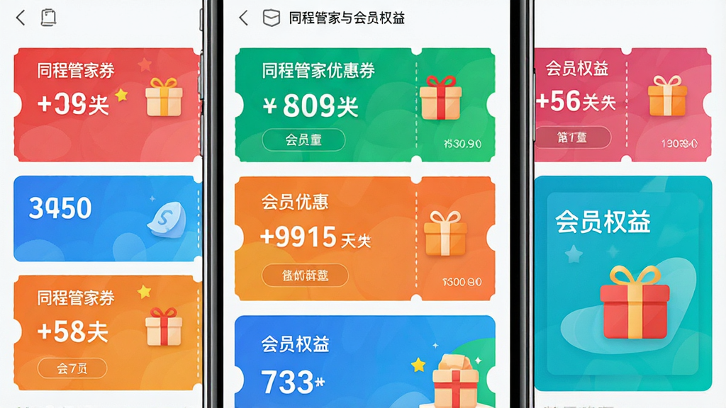 一张展示同程管家优惠券与会员权益页面的场景图,主体为手机屏幕内显示多张色彩鲜艳的优惠券与会员卡片,布局为网格状排列,排版活泼,风格为促销活动视觉,细节上包含折扣数字与礼盒图标,画质高清,干净,无多余元素