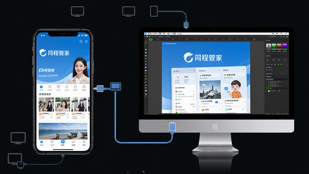 一张展示同程管家在手机与电脑模拟器上同时运行的场景图,主体为左侧手机屏幕显示同程管家首页、右侧电脑屏幕显示模拟器中的同程管家界面,布局为左右对比,排版清晰,风格为科技感展示,细节上包含连接线与设备图标,画质高清,干净,无多余元素
