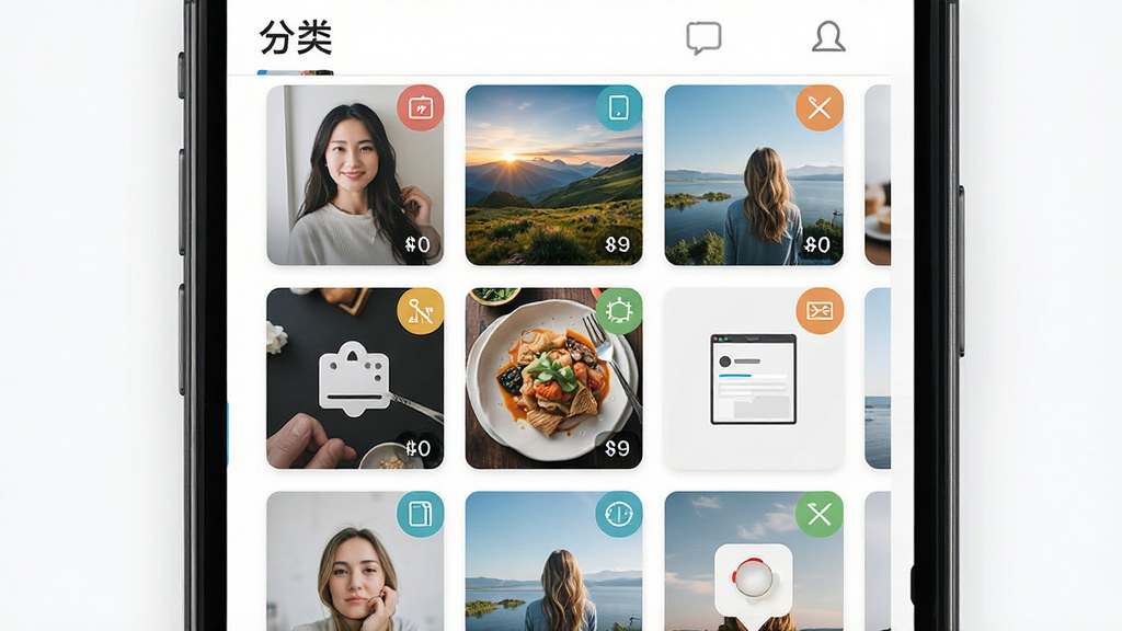 我的相册管家智能分类功能界面,画面主体为手机屏幕显示相册管家自动分类结果,布局采用网格排列展示人物、风景、美食、截图等分类相册封面,排版左侧为分类标签右侧为照片缩略图,风格清新明快扁平化设计,细节上每个分类封面配有图标和数量角标,画质高清干净整洁无多余元素