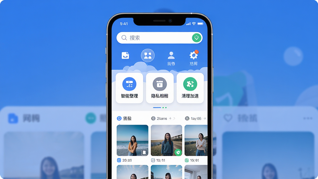 我的相册管家软件主界面,画面中央展示手机相册管理应用,主体为一部智能手机屏幕,屏幕上呈现相册管家APP的首页布局,包含照片分类相册、智能整理、隐私相册、清理加速等功能模块图标,布局采用上下结构上方为搜索栏和功能入口下方为照片时间轴缩略图,排版清晰整齐,风格为现代简约扁平化设计,细节上图标圆润配色以蓝白为主点缀绿色强调安全,画质高清干净无多余元素