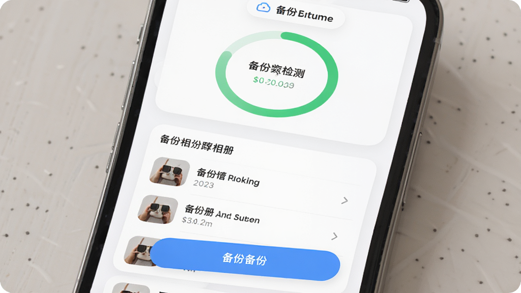 我的相册管家云端备份提醒界面,画面主体为手机屏幕显示备份状态检测页面,布局上方为备份进度环下方为备份相册列表和备份按钮,排版清晰层次分明,风格柔和圆角卡片式设计,细节上进度环为绿色备份按钮为蓝色,画质高清干净无多余元素