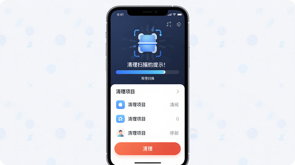 我的相册管家一键清理功能界面,画面主体为手机屏幕展示清理扫描进度和可释放空间提示,布局上方为扫描动画下方为清理项目列表和清理按钮,排版简洁突出核心操作按钮,风格科技感扁平化设计,细节上进度条为蓝色渐变清理按钮为橙红色,画质高清干净无杂乱元素