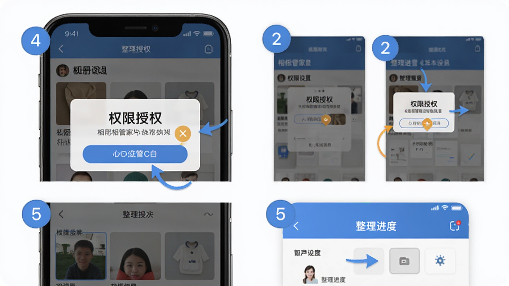 我的相册管家移动端操作教程示意图,画面主体为手机屏幕展示相册管家权限设置和整理操作步骤,布局采用分步截图排列上方为权限授权弹窗下方为整理进度界面,排版清晰标注步骤序号,风格扁平化教程图示设计,细节上箭头指示操作位置文字标注清晰,画质高清干净无多余元素