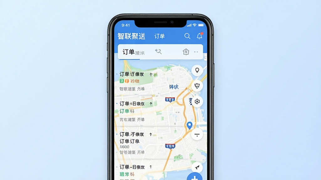 一张展示智联聚送软件主界面的手机屏幕截图,画面中央是手机竖屏,屏幕上显示订单列表与配送地图,背景为浅蓝色渐变,风格简洁现代,细节清晰,画质干净,无多余元素