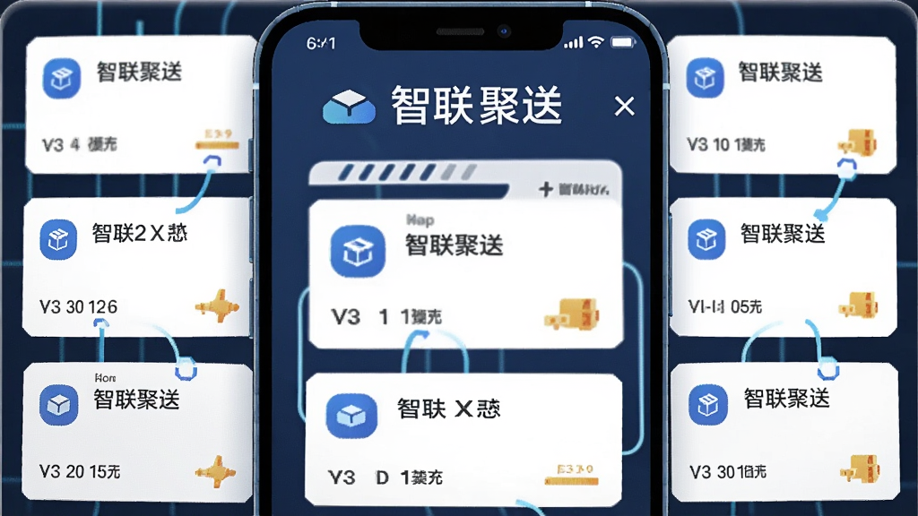 一幅AI生成的插画,主体是一部智能手机,屏幕上显示“智联聚送”字样和多个订单卡片整齐排列,布局居中,风格为扁平化科技风,细节包括蓝色调图标与数据线条,画质清晰干净,无多余元素