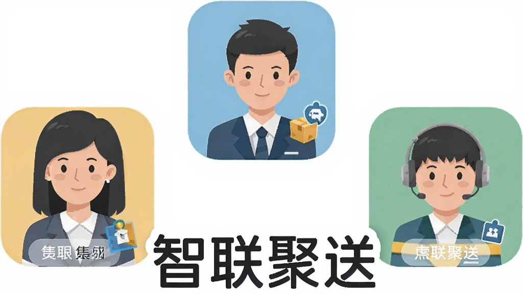 一幅AI生成的插画,画面主体是三个不同角色的人物图标围绕“智联聚送”文字标识,布局呈环形排列,风格为商务扁平插画,细节包括角色标签与权限图标,画质清晰干净,无多余元素