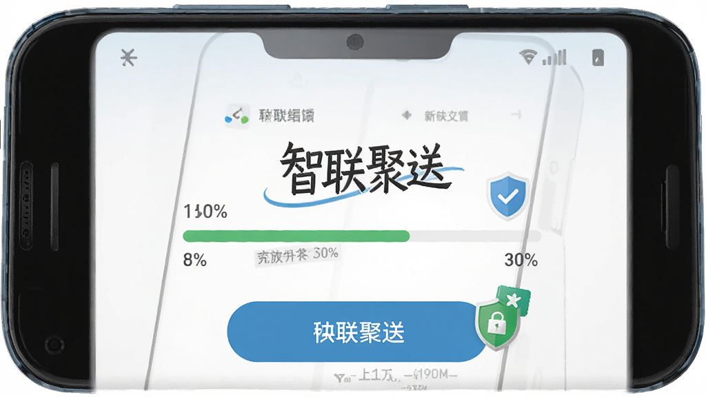 一幅AI生成的插画,画面主体是一部安卓手机正在安装“智联聚送”应用,安装进度条显示在屏幕中央,布局为正面特写,风格为写实科技风,细节包括安装按钮与安全盾牌图标,画质清晰干净,无多余元素