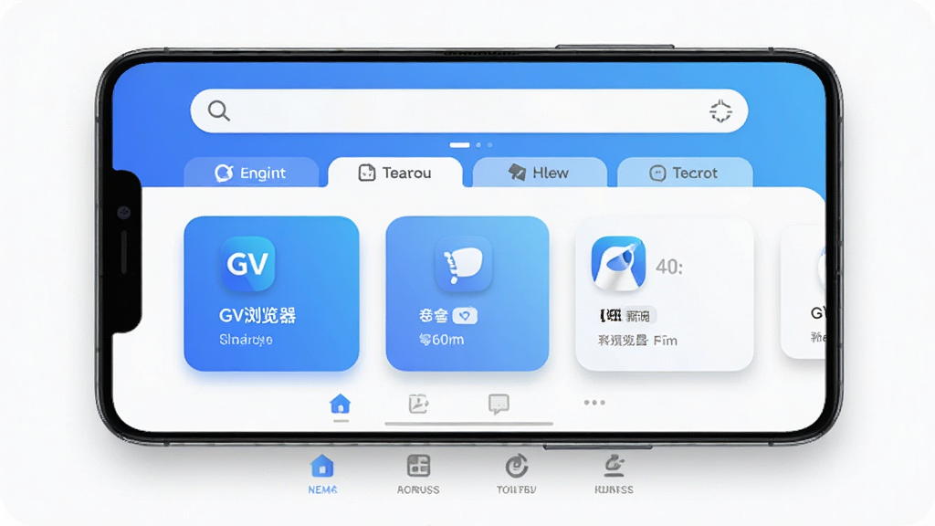 主体为一部智能手机,屏幕中央显示“GV浏览器”应用界面,布局为上方搜索栏、中部多标签卡片、底部导航栏,排版居中对称,风格为现代简约科技风,细节包括蓝白渐变配色、圆角图标、轻微投影,画质清晰干净,无多余元素