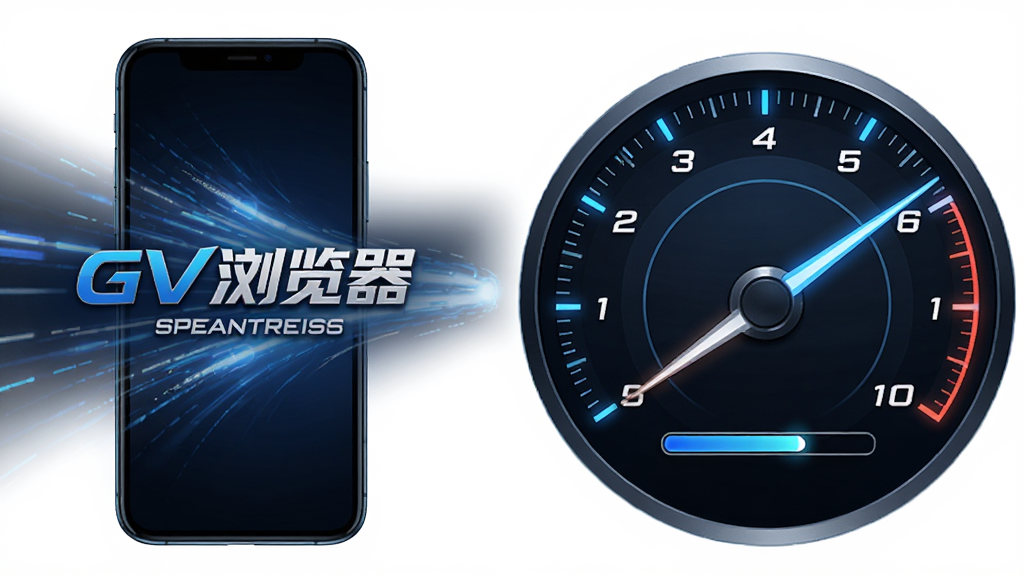 主体为“GV浏览器”启动画面与速度线条,布局为左侧手机、右侧仪表盘指针,排版横向对比,风格为动感科技风,细节包括蓝色光效、速度刻度、网页加载进度条,画质清晰干净,无多余元素