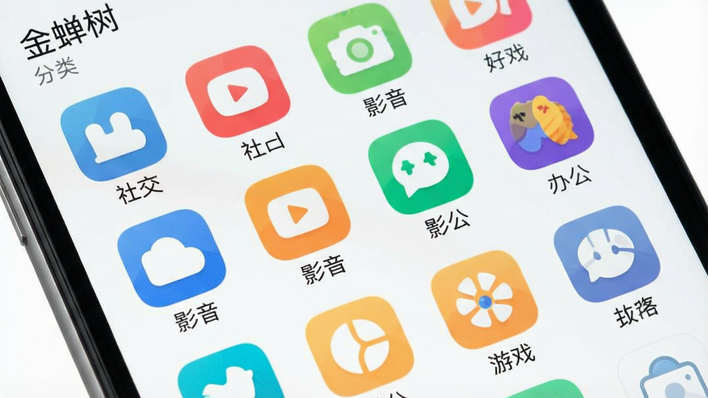 一张展示金蝉树应用分类界面的图片,主体是手机屏幕特写,布局为网格状应用分类图标,排版整齐有序,风格为清新浅色系扁平化设计,细节包含社交、影音、办公、游戏等分类标签,画质清晰,画面干净,无多余元素,屏幕中文字显示“金蝉树”和“分类”。