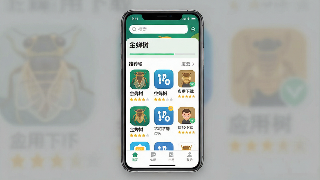 一张展示金蝉树手机应用下载界面的图片,主体是一部智能手机,屏幕显示金蝉树APP的首页,布局为顶部搜索栏、中部推荐应用列表、底部导航菜单,排版简洁清晰,风格为现代科技感扁平化设计,细节包含下载进度条、应用图标、评分星级,画质高清,画面干净,无多余元素,屏幕中文字显示“金蝉树”和“应用下载”。