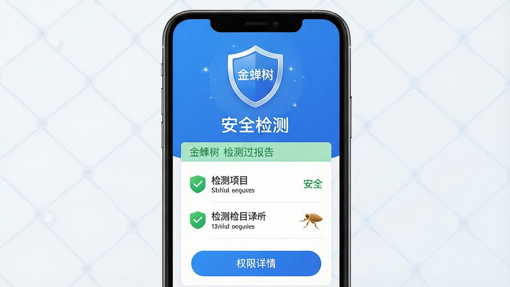 一张展示金蝉树安全检测功能的图片,主体是手机屏幕显示安全检测报告,布局为上下结构,上方为盾牌图标,下方为检测项目列表,排版清晰明了,风格为安全可靠的蓝色调设计,细节包含绿色安全标识、检测通过字样、权限详情按钮,画质高清,画面干净,无多余元素,屏幕中文字显示“金蝉树”和“安全检测”。