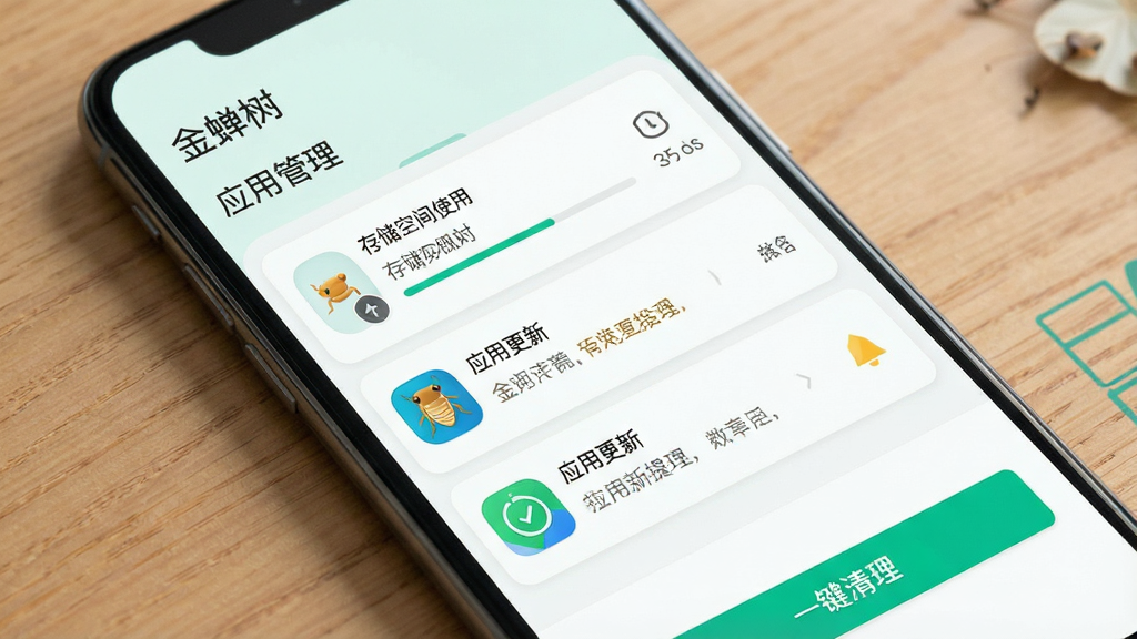 一张展示金蝉树应用管理界面的图片,主体是手机屏幕,布局为应用列表和管理按钮,排版简洁,风格为清新浅色极简风,细节包含存储空间使用情况、应用更新提示、一键清理按钮,画质清晰,画面干净,无多余元素,屏幕中文字显示“金蝉树”和“应用管理”。
