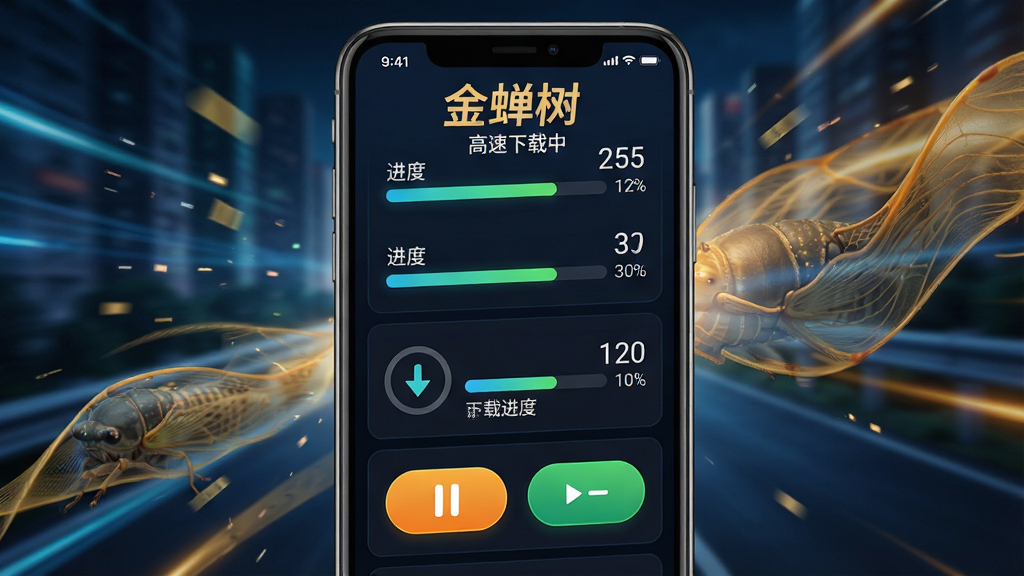 一张展示金蝉树高速下载过程的图片,主体是手机屏幕,布局为下载任务列表,排版纵向排列,风格为动感科技风,细节包含下载进度条、速度数值显示、暂停和继续按钮,画质高清,画面干净,无多余元素,屏幕中文字显示“金蝉树”和“高速下载中”。