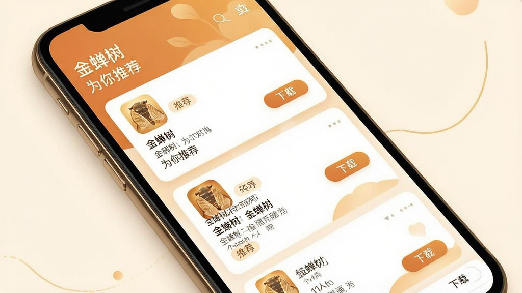 一张展示金蝉树个性化推荐页面的图片,主体是手机屏幕,布局为卡片式推荐列表,排版错落有致,风格为温馨暖色调设计,细节包含推荐标签、应用图标、下载按钮,画质高清,画面干净,无多余元素,屏幕中文字显示“金蝉树”和“为你推荐”。
