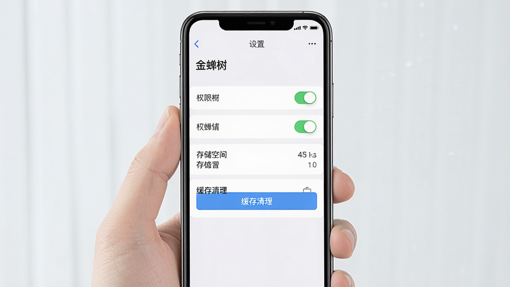 一张展示金蝉树使用技巧的图片,主体是手机屏幕显示设置界面,布局为纵向排列的选项列表,排版清晰,风格为简约商务风,细节包含权限开关、存储空间显示、缓存清理按钮,画质高清,画面干净,无多余元素,屏幕中文字显示“金蝉树”和“设置”。
