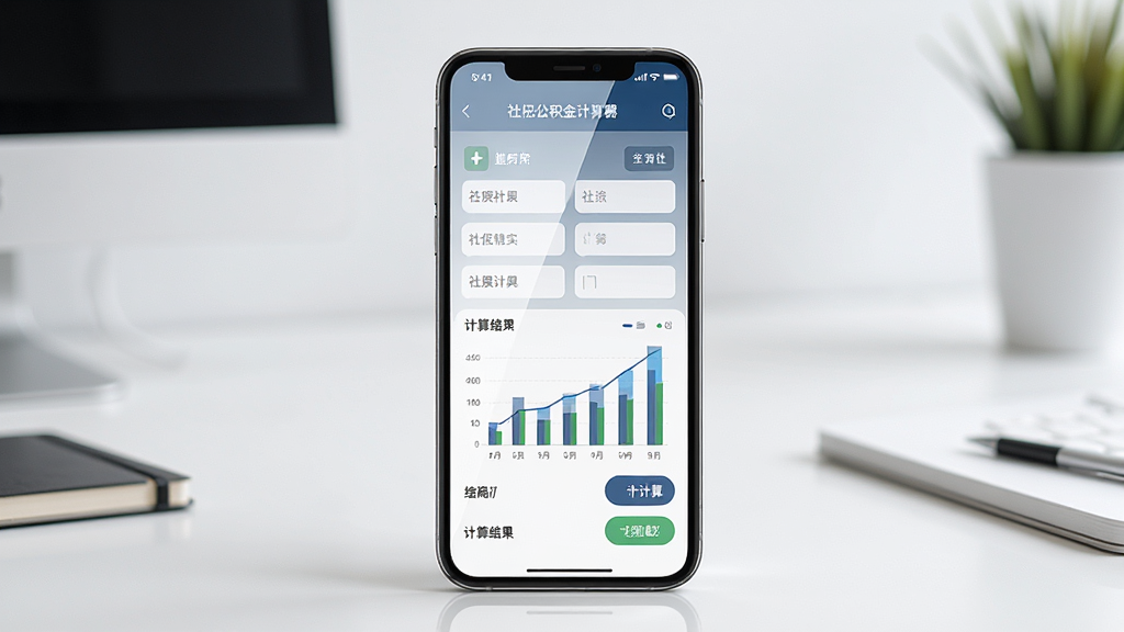 手机社保公积金计算软件主界面,画面中央展示一部智能手机,屏幕内显示社保公积金计算器界面,包含输入框和计算结果图表,背景是简洁的办公桌面,主体突出,布局居中,排版清晰,风格现代简约,细节上屏幕有反光质感,画质高清,干净,无多余元素