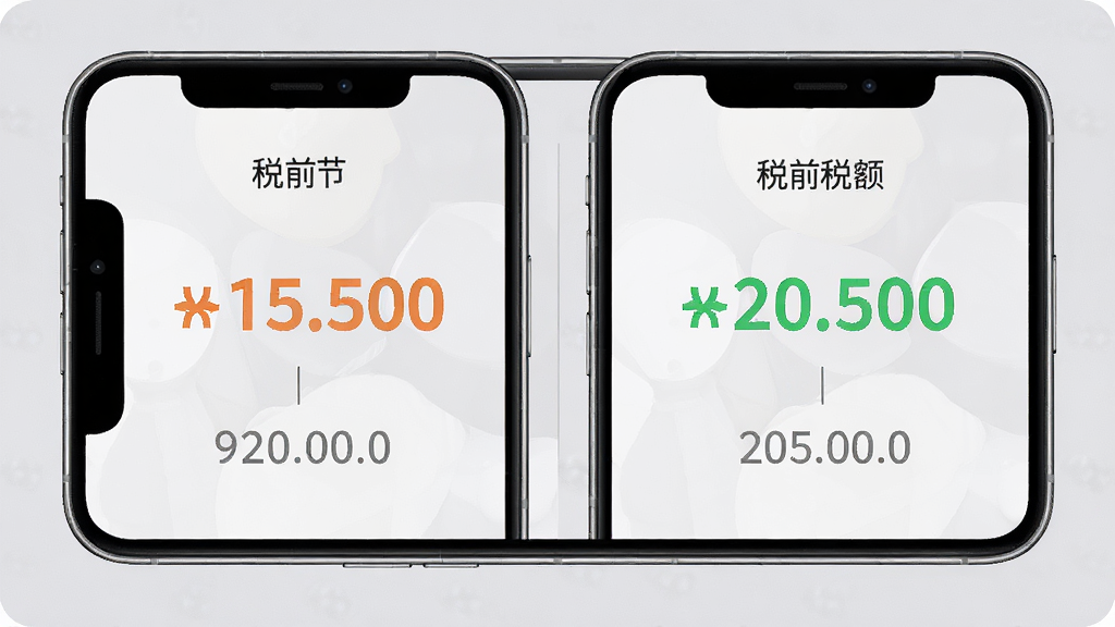 手机社保公积金计算软件的税前税后对比结果界面,画面展示手机屏幕内左右分栏显示税前和税后金额,背景为浅灰色,主体是手机和对比数字,布局对称,排版清晰,风格现代,细节上数字用不同颜色区分,画质高清,干净,无多余元素