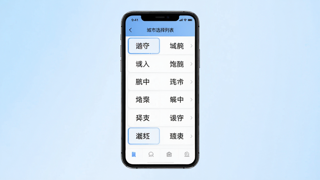 手机社保公积金计算软件中城市选择列表界面,画面展示手机屏幕内多个城市名称选项,背景为淡蓝色渐变,主体是手机和城市列表,布局为居中展示,排版整齐,风格扁平化设计,细节上每个城市名称清晰可见,画质高清,干净,无多余元素