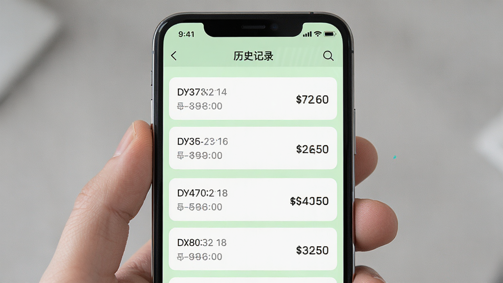手机社保公积金计算软件的历史记录列表界面,画面展示手机屏幕内按时间排序的计算记录条目,背景为淡绿色,主体是手机和记录列表,布局垂直排列,排版规整,风格清新,细节上每条记录有日期和金额,画质高清,干净,无多余元素