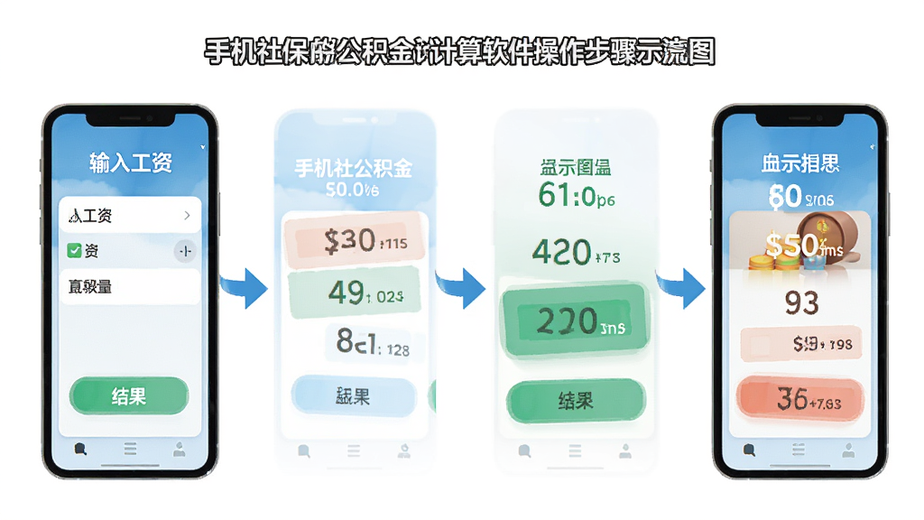 手机社保公积金计算软件的操作步骤示意图,画面展示手机屏幕从输入工资到显示结果的流程,背景为白色,主体是手机和箭头指引,布局横向排列,排版流畅,风格扁平化,细节上每一步都有文字标注,画质高清,干净,无多余元素
