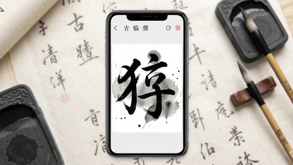 尊古书法应用界面展示,主体为一部智能手机,屏幕中显示着毛笔楷书字帖临摹界面,布局上手机居中放置,背景为淡雅的宣纸纹理与文房四宝点缀,排版简洁,风格为中国风古典雅致,细节包含毛笔笔触、墨迹晕染效果,画质清晰,干净,无多余元素