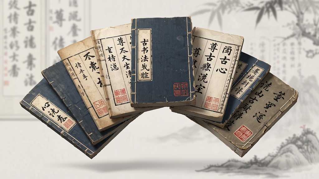 尊古书法功能展示图,画面主体为悬浮在空中的多本古籍字帖,布局呈扇形展开,排版错落有致,风格为写实中国风,细节展示字帖封面上的书法字体与印章,画质高清,干净,无多余元素
