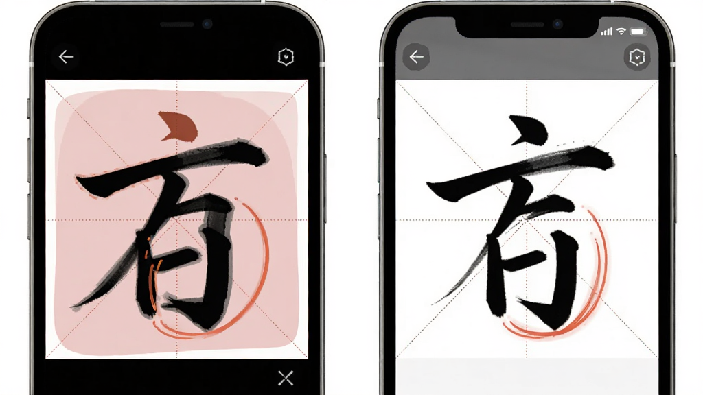 尊古书法临摹界面示意图,主体为手机屏幕显示米字格与毛笔字迹,布局为左侧范字右侧用户书写区,排版左右对称,风格为简洁工具风,细节包含半透明描红层、笔画轨迹线,画质清晰,干净,无多余元素