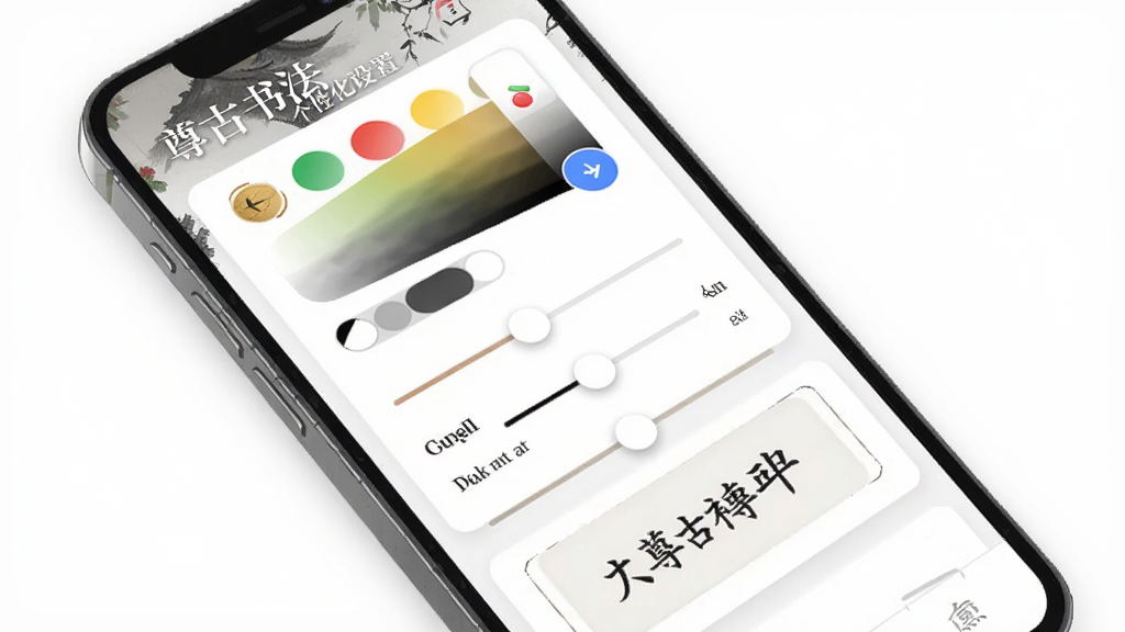 尊古书法个性化设置面板,主体为手机界面中的设置选项列表,布局为纵向排列的卡片式菜单,排版整齐,风格为现代简约与传统元素结合,细节展示颜色选择器、滑块调节条、字体预览框,画质清晰,干净,无多余元素