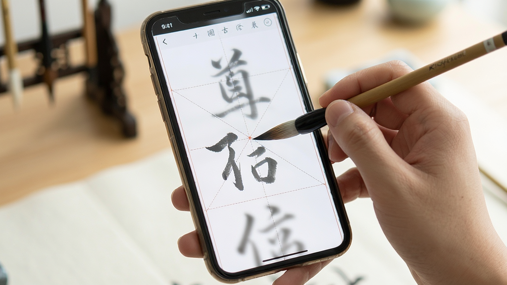 尊古书法手机端操作指引图,主体为一只手握持手机进行书法练习,布局为手机屏幕占据画面中心,排版自然,风格为生活化场景,细节包含手指触控屏幕、毛笔笔尖与屏幕接触点、米字格背景,画质清晰,干净,无多余元素