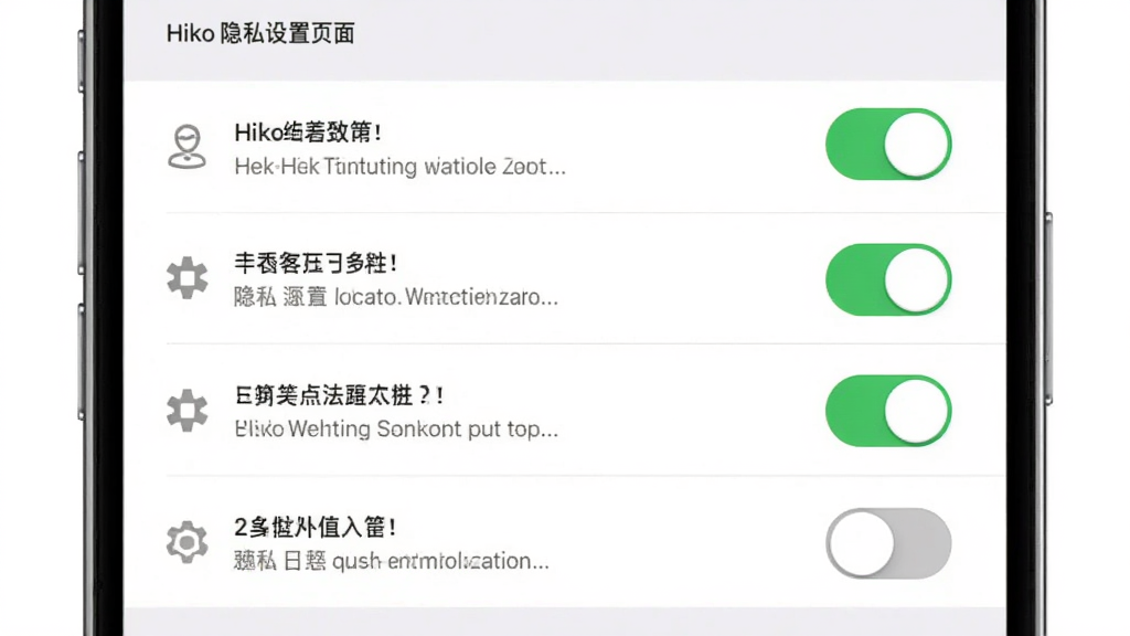 Hiko隐私设置页面示意图,主体为手机设置界面,布局上纵向排列权限开关,排版采用列表式,风格为浅色极简风,细节包括绿色开启状态、灰色关闭状态、说明文字小图标,画质高清,干净,无多余元素