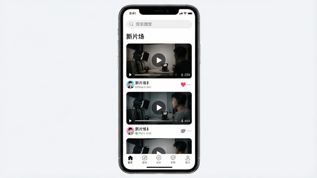 һ��չʾ��Ƭ��App���������ֻ�����ͼ������Ϊ����Ƭ��Ӧ����ҳ�������ֻ������ֲ��þ��й�ͼ���Ϸ�Ϊ״̬�����������в�Ϊ�Ƽ���Ƶ�ٲ������濨Ƭ���·�Ϊ�ײ����������Ű��������࣬���Ϊ�ִ��Ƽ���UI��ƣ�ϸ�ڰ�����Ƶ����ͼ�����Ű�ť��������ͷ�񡢵���ͼ���Ԫ�أ����������ֱ�ע����Ƭ����Ӧ�����ƣ�����Ϊ����4K���ɾ��޶���Ԫ��