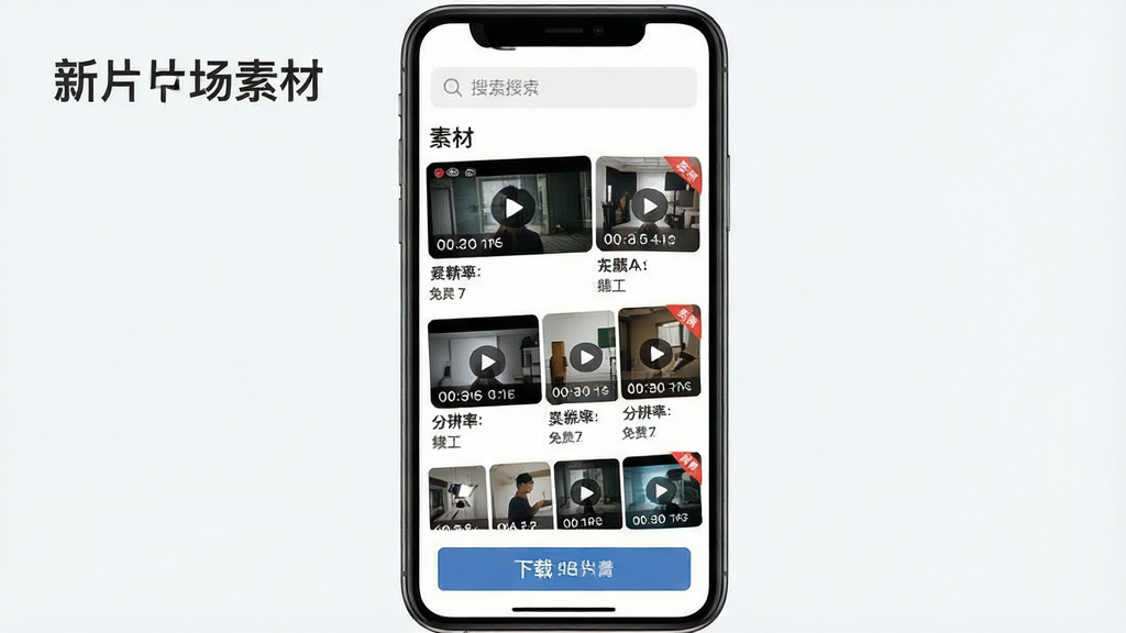 һ��չʾ��Ƭ��App�ز�����ҳ����ֻ�����ͼ������Ϊ�ֻ���Ļ��ʾ�زķ����б�������Ϊ�������������в��ز�����ͼ���񡢵ײ����ذ�ť�����Ϊ�������Ĺ�����UI��ϸ�ڰ�����Ƶ�زķ��桢ʱ����ǩ���ֱ��ʱ�ʶ�����/���ѽǱ꣬���������ֱ�ע����Ƭ���زġ������ʸ��壬�ɾ��޶���Ԫ��