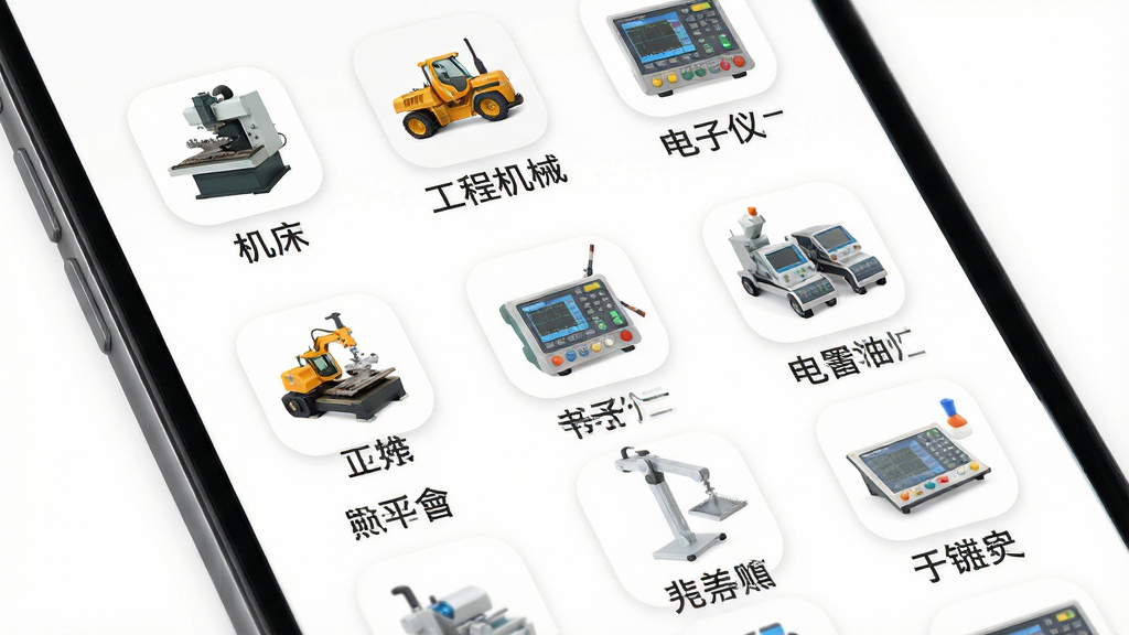 闲置设备网APP设备分类页面,画面展示手机屏幕中排列整齐的设备分类图标,包括机床、工程机械、电子仪器等,每个图标下方有中文标签,背景为纯白色,风格简洁明快,排版规整,细节清晰,画质高清,干净无多余元素