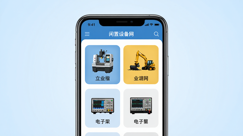 闲置设备网手机应用界面展示图,画面中央是一部智能手机,屏幕上显示闲置设备网的APP首页,页面中有工业机床、工程机械、电子仪器等设备分类图标,背景是干净的浅蓝色渐变,整体风格简洁商务,排版清晰,细节精致,画质高清,干净无多余元素