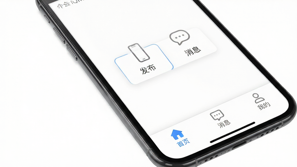 闲置设备网APP移动端操作界面,画面展示手机屏幕中简洁的功能入口和底部导航栏,包括首页、发布、消息、我的等图标,背景为白色,风格清爽干净,排版合理,细节精致,画质高清,无多余元素
