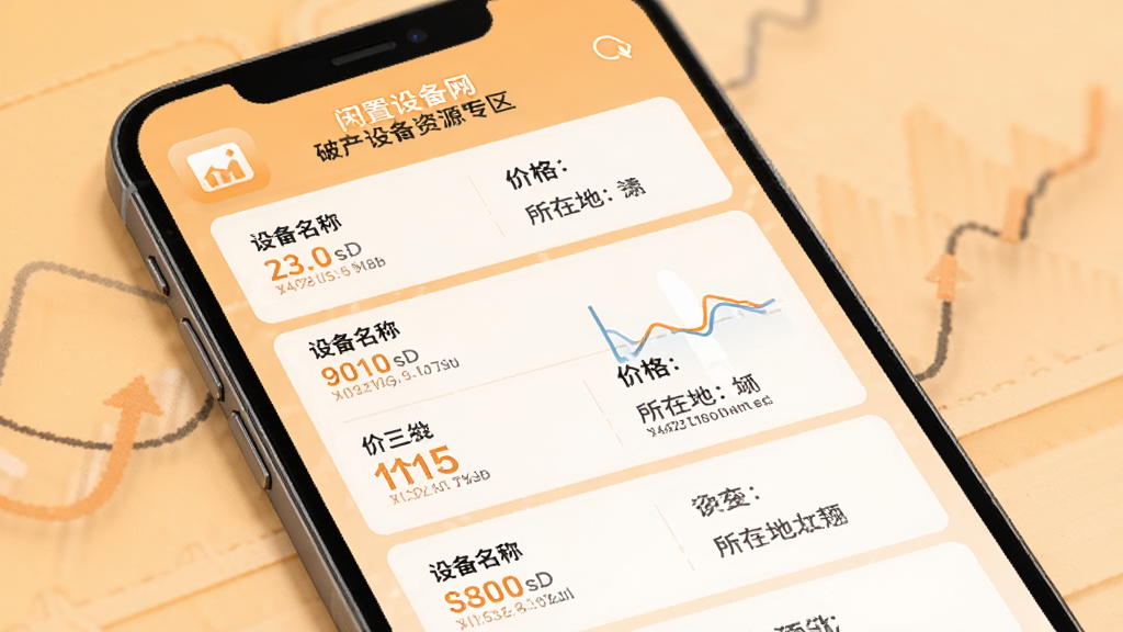 闲置设备网APP破产设备资源专区页面,画面展示手机屏幕中破产设备列表,每条信息包含设备名称、价格、所在地,背景为浅橙色渐变,风格温暖但不失商务感,排版整齐,细节清晰,画质高清,干净无多余元素