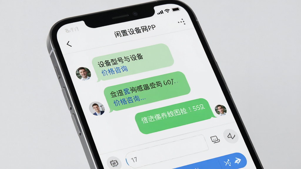 闲置设备网APP供需直连聊天界面,画面展示手机屏幕中买卖双方对话窗口,对话内容涉及设备型号和价格咨询,界面干净整洁,背景为浅灰色,风格商务简约,排版清晰,细节精致,画质高清,无多余元素