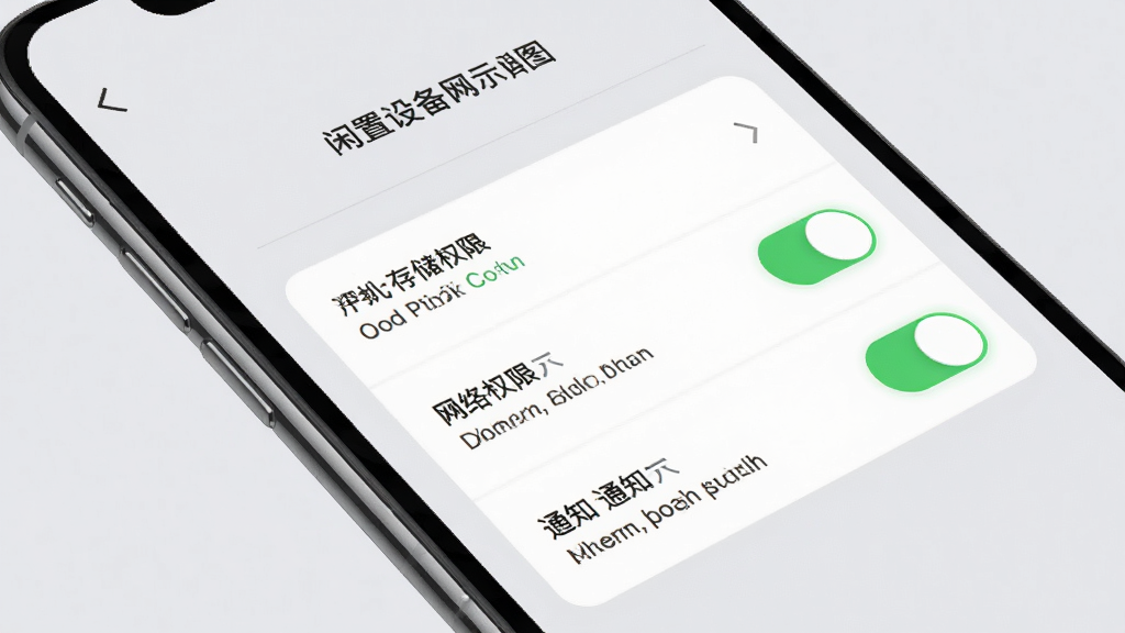 闲置设备网APP安装与设置界面示意图,画面展示手机屏幕中权限设置页面,包括存储权限、网络权限、通知权限的开关按钮,背景为浅灰色,风格简洁实用,排版清晰,细节精致,画质高清,无多余元素