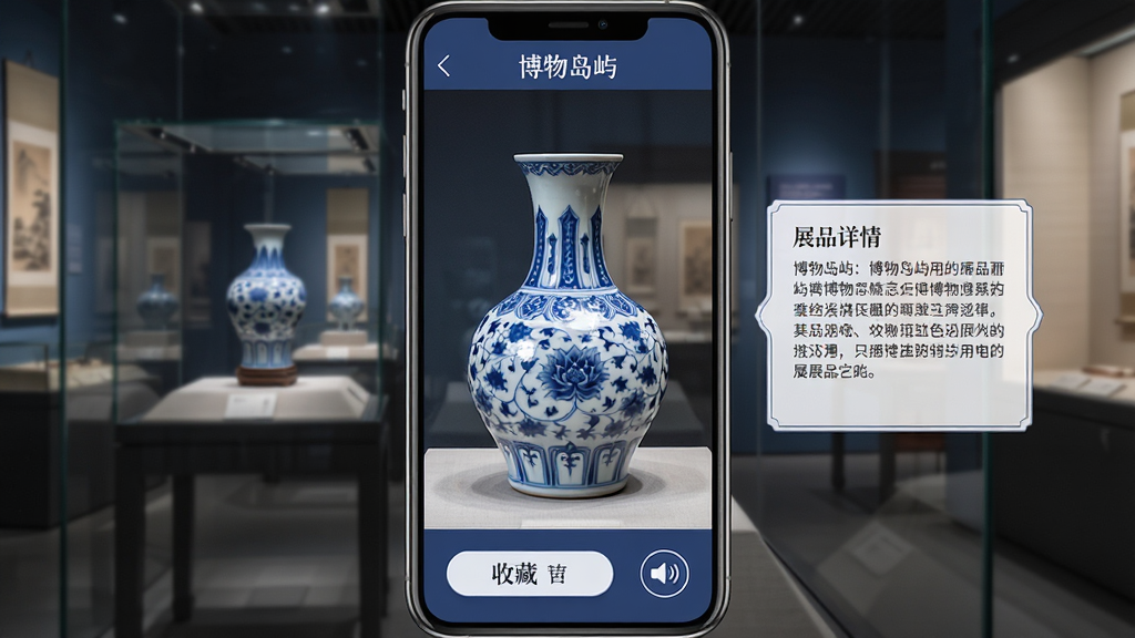 博物岛屿应用内展品详情页面,画面中央展示一件精美的青花瓷瓶,旁边配有文字介绍框,底部有收藏按钮与语音播放图标,整体布局为手机竖屏界面,风格典雅庄重,色调以青花蓝与白色为主,画质高清,无多余元素,屏幕上方显示“博物岛屿”字样